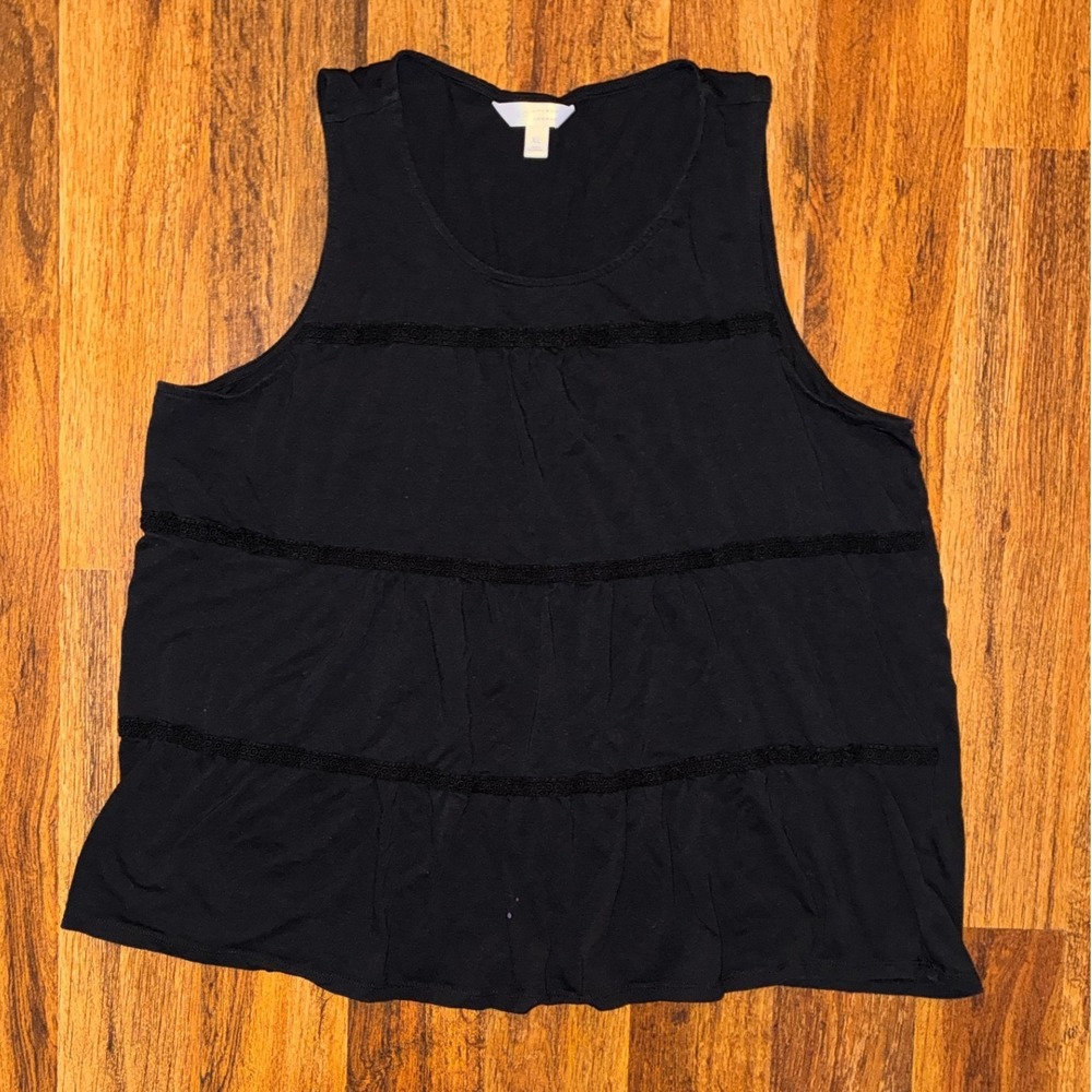 LC Lauren Conrad Black Tiered Crochet Lace Trim Tank Top XL Boho Sleeveless
